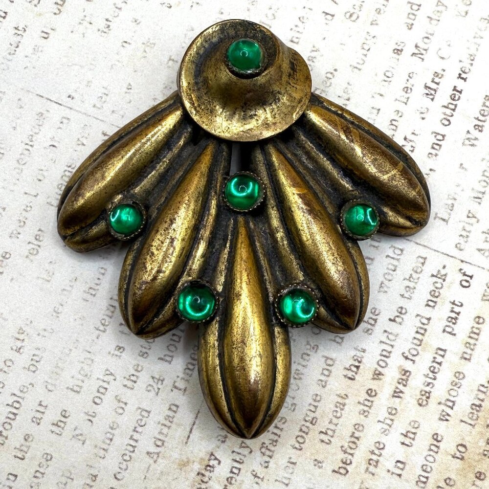 Vintage Very Old Large Dress Clip Brass Emerald Green Glass Art Deco Styled